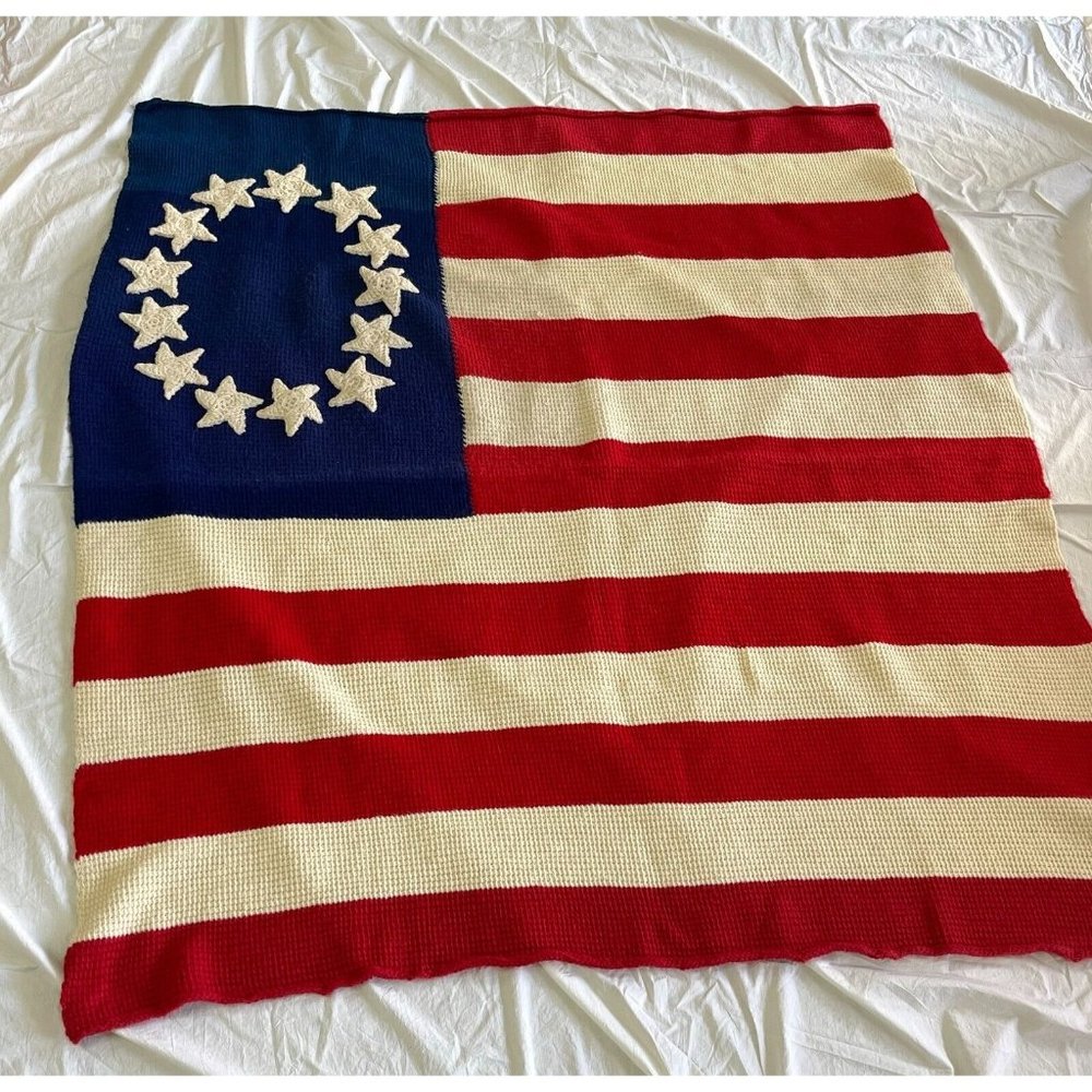 Handmade Knitted Blanket American Flag 13 Stars Red White Blue 60” X 60”
